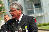 22 May 2012 - Retired Commander of the Kitsilano Coast Guard Station, Fred Moxey, speaks at a news conference in front of the base on False Creek, in the Kitsilano area of Vancouver, B.C., Canada. Credit: Adrian Brown - N49Photo.