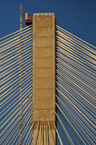 18 September 2012 - Men are seen on the top of one of the support towers of the new Port Mann Bridge, connecting Surrey with Coquitlam over the Fraser River, in Surrey, B.C., Canada. The bridge is a cable-stay structure that will support ten traffic lanes when fully open, and is reportedly the widest bridge in the world. Three lanes were opened to traffic today. Credit: Adrian Brown - N49Photo.
